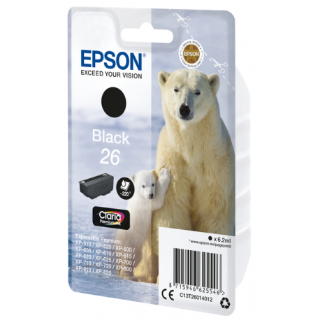 Epson 26 - 6.2 ml - black - original - ink cartridge - for Expression Premium XP-510, 520, 600, 605, 610, 615, 620, 625, 700, 710, 720, 800, 810, 820 - 3