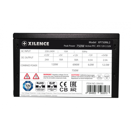Xilence Performance C+ Series XP750R6.2 - Power supply (internal) - ATX12V 2.52 - 80 PLUS - AC 230-240 V - 750 Watt - active PFC - black - 1