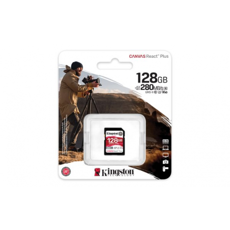 Kingston Canvas React Plus - Flash memory card - 128 GB - Video Class V60  /  UHS-II U3  /  Class10 - SDXC UHS-II - 7
