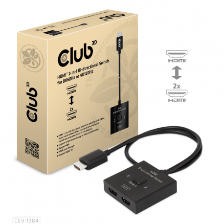 Club 3D CSV-1384 - Video / audio switch - 2-in-1, bi-directional - 2 x HDMI - desktop - 4