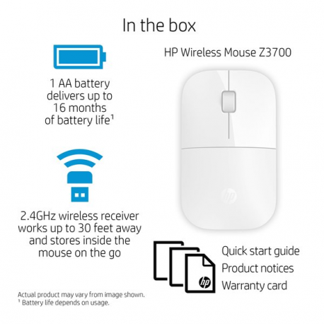 HP Z3700 - Mouse - blue LED - wireless - 2.4 GHz - USB wireless receiver - white - for OMEN by HP Laptop 16; Victus by HP Laptop 16; Laptop 15, 17; Pavilion Plus Laptop 14 - 0