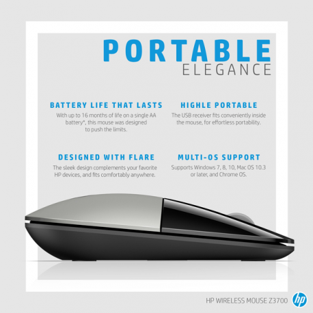 HP Z3700 - Mouse - optical - wireless - 2.4 GHz - USB wireless receiver - blue - for OMEN by HP Laptop 16; Victus by HP Laptop 16; Laptop 15, 17; Pavilion Plus Laptop 14 - 3