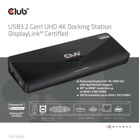 Club3D SenseVision USB 3.0 4K Docking Station - Docking station - USB - DVI, HDMI, DP - GigE - 9