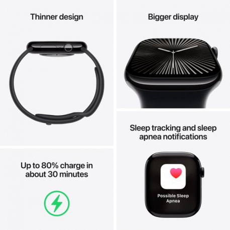 Apple Watch Series 10 (GPS) - 42 mm - silver aluminium - smart watch with sport band - fluoroelastomer - denim - band size: S / M - 64 GB - Wi-Fi 4, UWB, Bluetooth - 30 g - 2