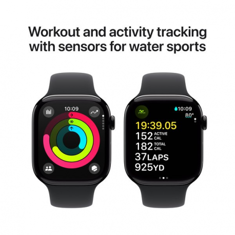 Apple Watch Series 10 (GPS) - 46 mm - jet black aluminium - smart watch with sport band - fluoroelastomer - black - band size: S / M - 64 GB - Wi-Fi 4, UWB, Bluetooth - 36.4 g - 3