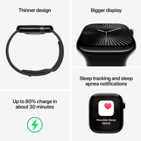 Apple Watch Series 10 (GPS) - 46 mm - jet black aluminium - smart watch with sport loop - soft double-layer nylon - ink - wrist size: 130-200 mm - 64 GB - Wi-Fi 4, UWB, Bluetooth - 36.4 g - 2
