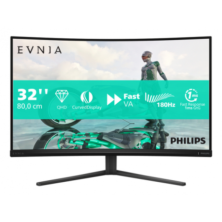 Philips Evnia 3000 32M2C3500L - LED monitor - gaming - curved - 32" (31.5" viewable) - 2560 x 1440 QHD @ 180 Hz - Fast VA - 300 cd / m² - 3500:1 - HDR10 - 0.5 ms - 2xHDMI, DisplayPort - charcoal - 1