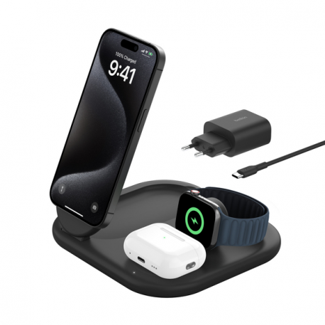 Belkin BoostCharge 3-in-1 - Wireless charging stand - magnetic, foldable, with Qi2 + AC power adapter - 15 Watt - Fast Charge - black - 0