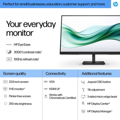 HP 324pv - Series 3 Pro - LED monitor - 24" (23.8" viewable) - 1920 x 1080 Full HD (1080p) @ 100 Hz - VA - 250 cd/m² - 3000:1 - 5 ms - HDMI, VGA - black - 5