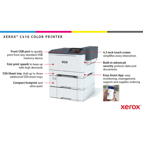 Xerox C410V / DN - Printer - colour - Duplex - laser - A4 / Legal - 1200 x 1200 dpi - up to 40 ppm (mono) / up to 40 ppm (colour) - capacity: 251 sheets - USB, Gigabit LAN, USB 2.0 host - 4