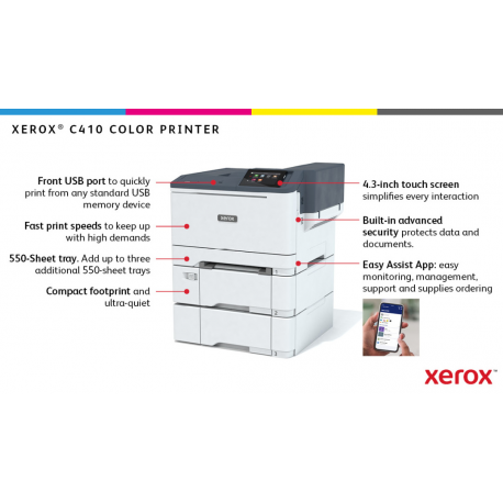 Xerox C410V / DN - Printer - colour - Duplex - laser - A4 / Legal - 1200 x 1200 dpi - up to 40 ppm (mono) / up to 40 ppm (colour) - capacity: 251 sheets - USB, Gigabit LAN, USB 2.0 host - 18