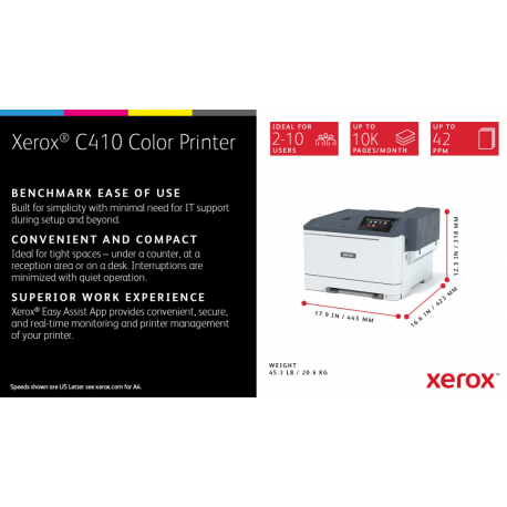 Xerox C410V / DN - Printer - colour - Duplex - laser - A4 / Legal - 1200 x 1200 dpi - up to 40 ppm (mono) / up to 40 ppm (colour) - capacity: 251 sheets - USB, Gigabit LAN, USB 2.0 host - 19