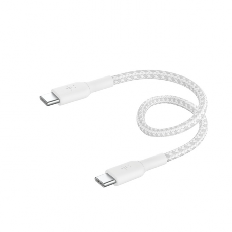 Belkin BoostCharge - USB cable - 24 pin USB-C (M) to 24 pin USB-C (M) - USB 2.0 - 20 V - 3 A - 15 cm - USB Power Delivery (60W), braided cable - white - 0
