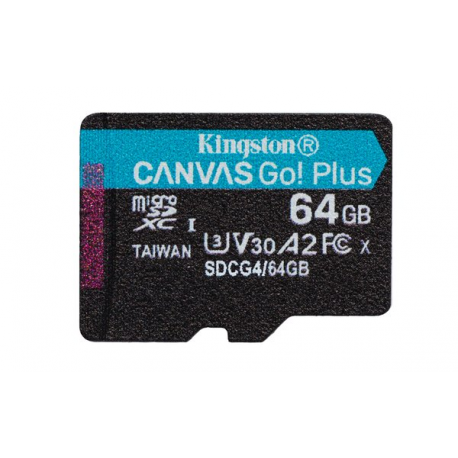 Kingston Canvas Go! Plus - Flash memory card (microSDXC to SD adapter included) - 64 GB - A2 / Video Class V30 / UHS-I U3 / Class10 - microSDXC UHS-I - 6
