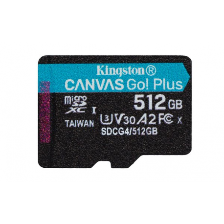 Kingston Canvas Go! Plus - Flash memory card (microSDXC to SD adapter included) - 512 GB - A2  /  Video Class V30  /  UHS-I U3  /  Class10 - microSDXC UHS-I - 3