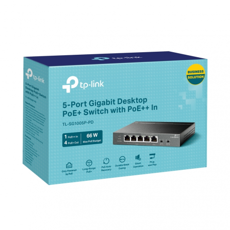 TP-Link TL-SG1005P-PD V1 - Switch - unmanaged - 4 x 10 / 100 / 1000 (PoE+) + 1 x 10 / 100 / 1000 (PoE++) - desktop, wall-mountable - PoE++ (66 W) - 5