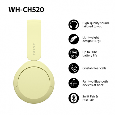 Sony WH-CH520 - Headphones with mic - on-ear - Bluetooth - wireless - yellow - 3