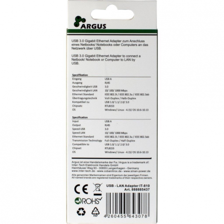 Argus IT-810 - Network adapter - USB 3.0 - Gigabit Ethernet - black - 3
