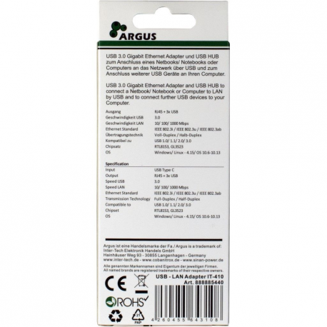 Argus IT-410 - Hub - 3 x SuperSpeed USB 3.0 + 1 x 10 / 100 / 1000 - desktop - 3