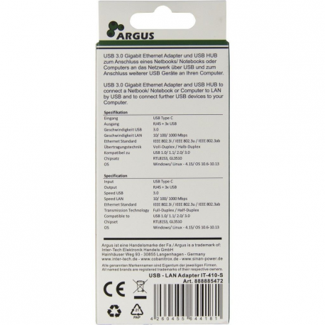 Argus IT-410-S - Hub - 3 x SuperSpeed USB 3.0 + 1 x 10 / 100 / 1000 - desktop - 2