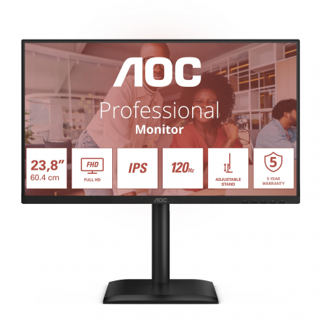 AOC 24E4U - LED monitor - 24" (23.8" viewable) - 1920 x 1080 Full HD (1080p) @ 120 Hz - IPS - 300 cd / m² - 1500:1 - 4 ms - HDMI, VGA, DisplayPort - speakers - black - 0