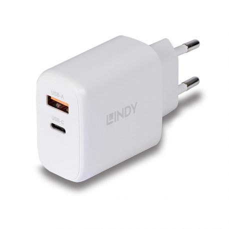 Lindy - Power adapter - GaN - 65 Watt - 3 A - PD 3.0, PD / PPS - 2 output connectors (USB, 24 pin USB-C) - white - 0