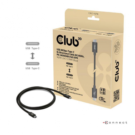 Club 3D - USB cable - 24 pin USB-C (M) to 24 pin USB-C (M) - USB4 - 48 V - 5 A - 1.2 m - bi-directional, up to 240W power delivery support, extended power range (EPR), up to 80 Gbps data transfer rate, 8K240Hz support - black - 0