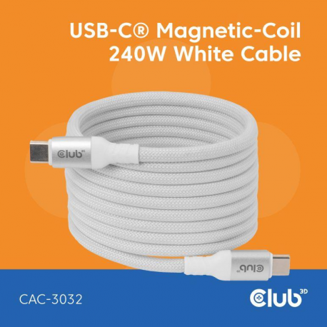 Club 3D - USB cable - 24 pin USB-C (M) to 24 pin USB-C (M) - USB 2.0 - 48 V - 5 A - 2 m - coiled, USB Power Delivery (240W), Power Delivery 3.1 support, magnetic - white - 0