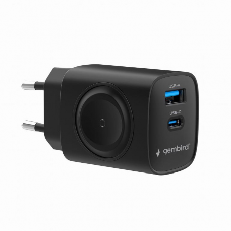Gembird - Power adapter - with wireless charging - 22 Watt - PD, QC 3.0 - 2 output connectors (USB, 24 pin USB-C) - black - 0