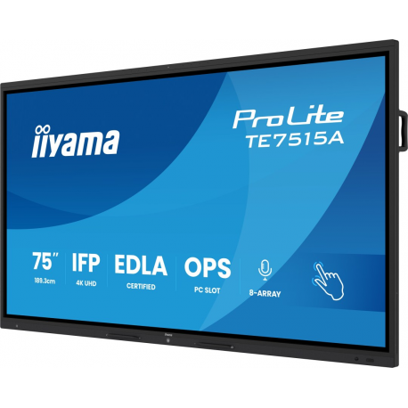 iiyama ProLite TE7515A-B1AG - 75" Diagonal Class (74.5" viewable) LED-backlit LCD display - interactive digital signage - with touchscreen (multi touch) / 8-microphone array / optional slot-in PC capability - 4K UHD (2160p) 3840 x 2160 - black (bezel), matte finish - 2