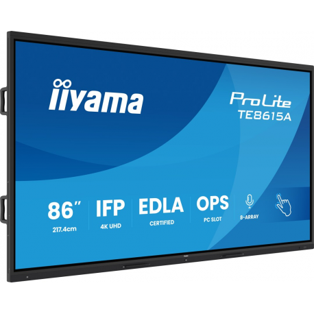 iiyama ProLite TE8615A-B1AG - 86" Diagonal Class (85.6" viewable) LED-backlit LCD display - interactive digital signage - with touchscreen (multi touch) / 8-microphone array / optional slot-in PC capability - 4K UHD (2160p) 3840 x 2160 - black (bezel), matte finish - with iiyama WiFi module (OWM002) - 0