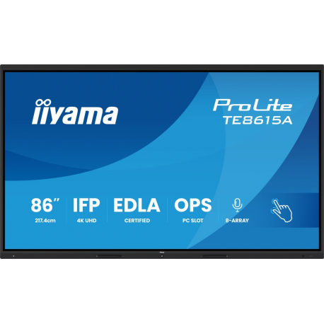 iiyama ProLite TE8615A-B1AG - 86" Diagonal Class (85.6" viewable) LED-backlit LCD display - interactive digital signage - with touchscreen (multi touch) / 8-microphone array / optional slot-in PC capability - 4K UHD (2160p) 3840 x 2160 - black (bezel), matte finish - with iiyama WiFi module (OWM002) - 1