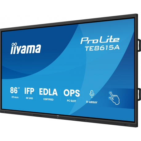 iiyama ProLite TE8615A-B1AG - 86" Diagonal Class (85.6" viewable) LED-backlit LCD display - interactive digital signage - with touchscreen (multi touch) / 8-microphone array / optional slot-in PC capability - 4K UHD (2160p) 3840 x 2160 - black (bezel), matte finish - with iiyama WiFi module (OWM002) - 2