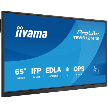 iiyama ProLite TE6512MIS-B4AG - 65" Diagonal Class (64.5" viewable) LED-backlit LCD display - interactive digital signage - with touchscreen (multi touch)  /  optional slot-in PC capability - 4K UHD (2160p) 3840 x 2160 - Direct LED - black (bezel), matte finish - with iiyama WiFi module (OWM002) - 0
