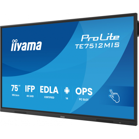 iiyama ProLite TE7512MIS-B4AG - 75" Diagonal Class (74.52" viewable) LED-backlit LCD display - interactive digital signage - with touchscreen (multi touch) / optional slot-in PC capability - 4K UHD (2160p) 3840 x 2160 - Direct LED - black (bezel), matte finish - with iiyama WiFi module (OWM002) - 2