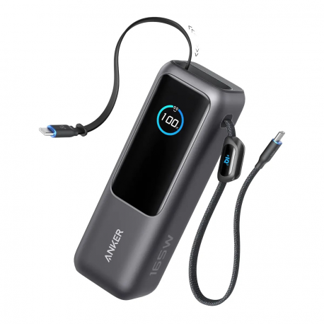 Anker - Power bank - built-in and retractable cables - 165 Watt - 25000 mAh - output connectors: 3 - space black - 0