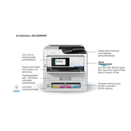 Epson WorkForce Pro EM-C800RDWF - Multifunction printer - colour - ink-jet - A4 (210 x 297 mm) (original) - A4 / Legal (media) - up to 25 ppm (printing) - 330 sheets - 33.6 Kbps - USB 2.0, Gigabit LAN, Wi-Fi(ac) - 2