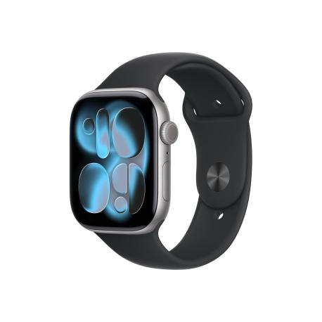 Apple Watch Series 11 (GPS) - 46 mm - space grey aluminium - smart watch with sport band - fluoroelastomer - black - band size: S/M - 64 GB - Wi-Fi 4, UWB, Bluetooth - 37.8 g - 0
