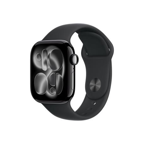 Apple Watch Series 11 (GPS + Cellular) - 42 mm - jet black aluminium - smart watch with sport band - fluoroelastomer - black - band size: M/L - 64 GB - Wi-Fi 4, UWB, Bluetooth - 5G - 30.3 g - 0