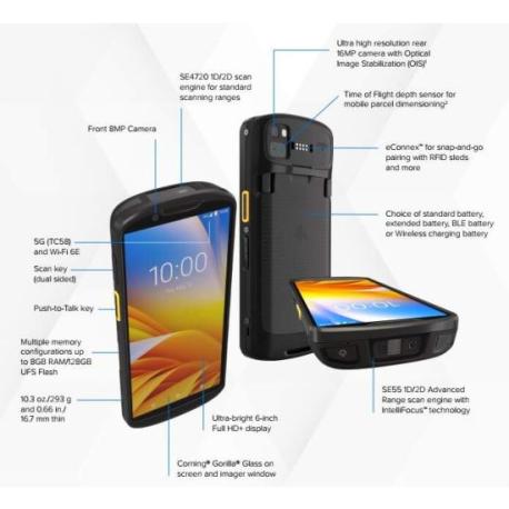 Zebra TC58E - Data collection terminal - rugged - Android - 128 GB UFS card - 6" colour (1080 x 2160) - rear camera + front camera - barcode reader - (2D imager) - USB host - microSD slot - NFC, Bluetooth, Wi-Fi 6E - 5G, 4G, 3G - LTE - 1