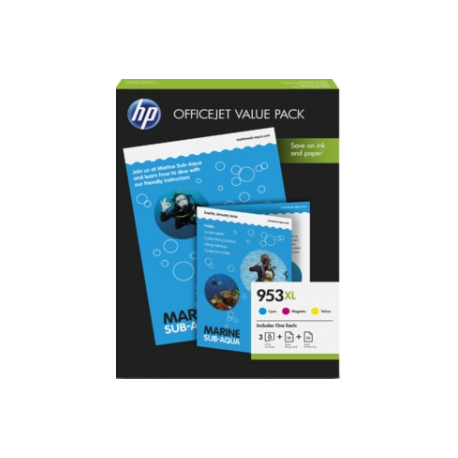 HP 953XL Office Value Pack - 3-pack - High Yield - colour (cyan, magenta, yellow) - ink cartridge  /  paper kit - for Officejet Pro 77XX, 82XX, 87XX - 0